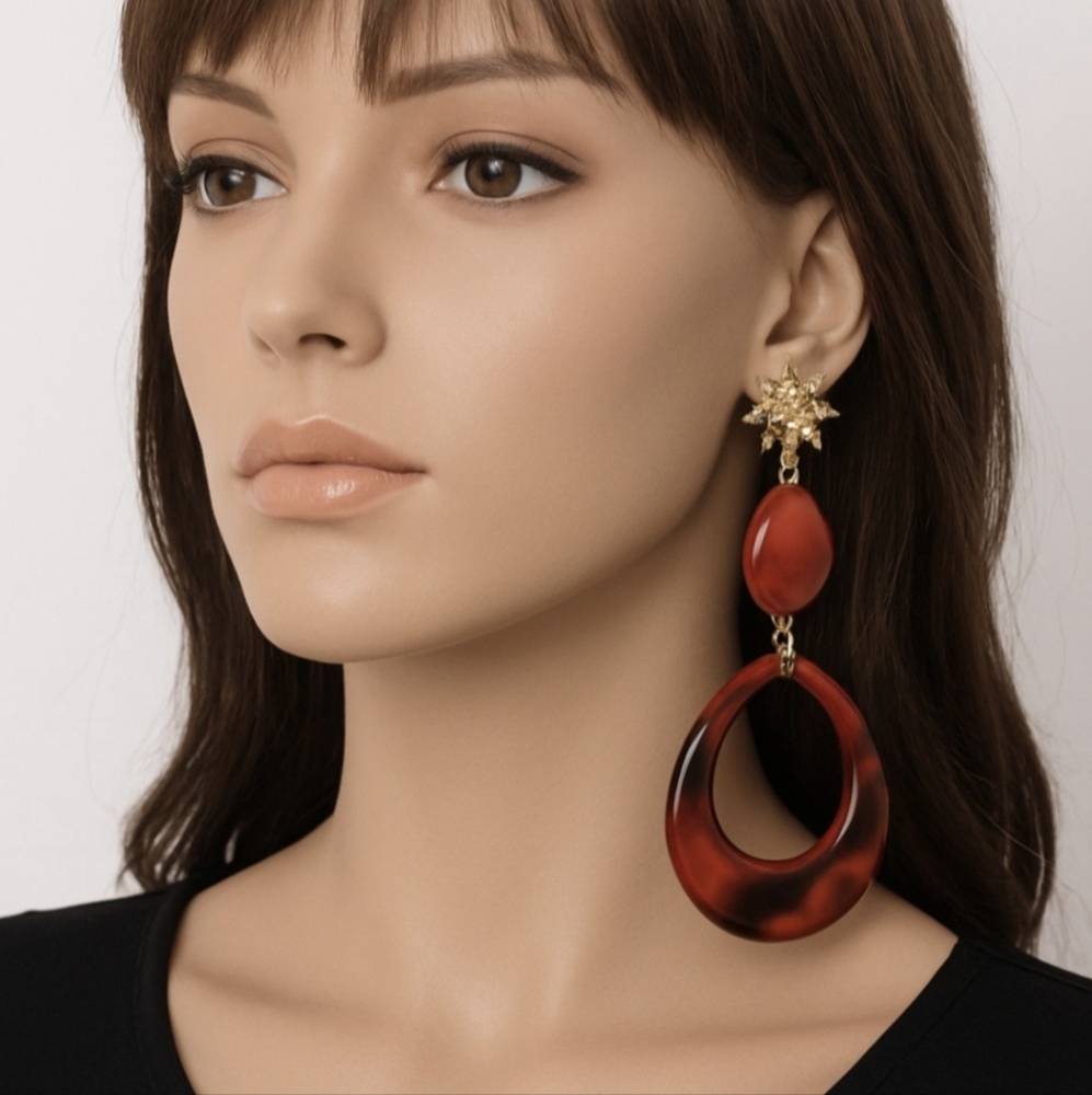 Long oval acrylic and alloy earrings, red and black earrings for women. Length 3